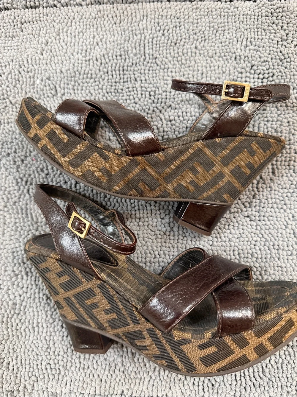 Fendi Brown Logo Canvas and Dark Brown Leather Wedge Sandals size 36 1/2 6 1/2 - Picture 1 of 6